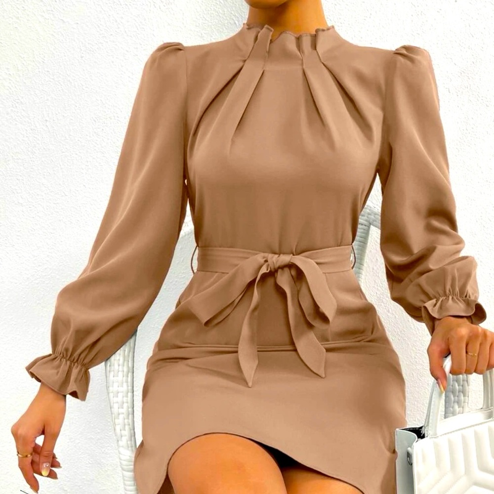 Women Sleeve Folded Belted Dress